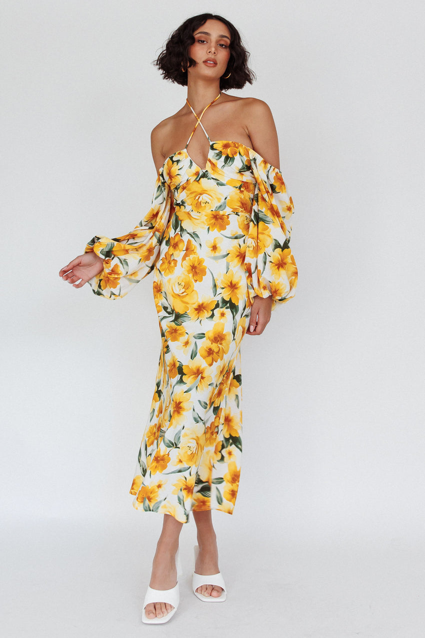 Nyree Long Sleeve Midi Dress Flowers Yellow