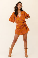 Nadi V-Neckline Wrap Romper Leaf Print Mustard