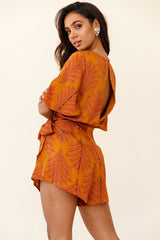 Nadi V-Neckline Wrap Romper Leaf Print Mustard