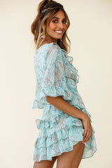 Time Will Tell Angel Sleeve Frill Detail Dress Leaf Print Mint