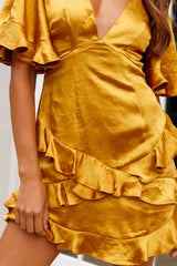 Miss Coco Angel Sleeve Ruffle Trim Dress Mustard