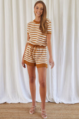 Johana Drawstring Romper Striped Camel