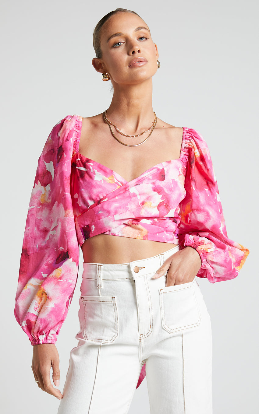 Shairah Top - Long Sleeve Tie Back Wrap Crop Top in Sunset Rainbows
