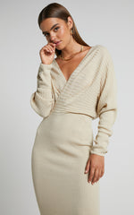 Sheika Midi Dress - Long Sleeve Off Shoulder Knit Dress in Stone