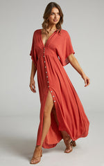 Sitting Pretty Maxi Dress - Short Sleeve Button Down Dress in Rust