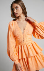 Suki Mini Dress - Plunge Neck Balloon Sleeve Tiered Ruffle Dress in Sherbet