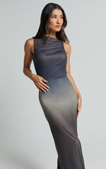 Tassa Midi Dress - High Neck Slip Mesh Ombre Dress in Stormy Ombre