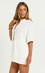 Tristan Top - Crochet Knit Button Through Collared Shirt in Cream