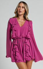 Zella Playsuit - Plunge Ruffle Detail Long Sleeve in Grape