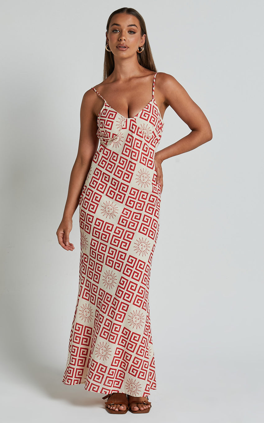 Zinnia Midi Linen Dress - Strappy Linen Slip Dress in Beige/Red Greek Sun Print