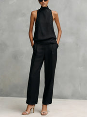 Women's Sleeveless Set | Elegant Round-Neck Top and Trousers Two-Piece