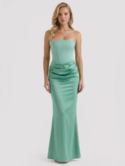 Strapless Boned-Corset Draped Satin Fishtail Maxi Dress