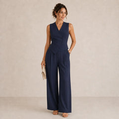 Women's Tailored Two-Piece Suit Set | Sleeveless Blazer & Wide-Leg Trousers