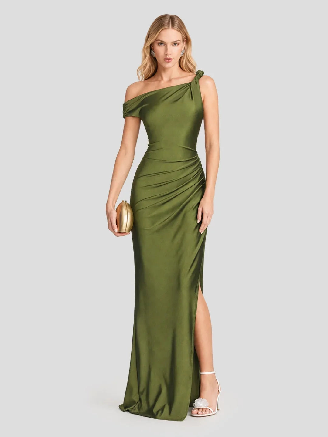 One Shoulder Asymmetric Ruched Satin Maxi Dress
