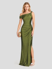 One Shoulder Asymmetric Ruched Satin Maxi Dress
