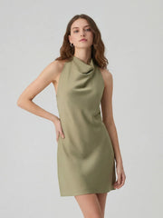 Sleek Bias-Cut Satin Halterneck Mini Dress