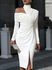 Women's One-Shoulder Draped Midi Dress | Elegant Asymmetric Neckline Dress