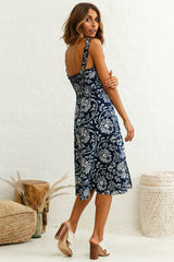 Magdalene Frill Strap A-Line Midi Dress Floral Print Navy